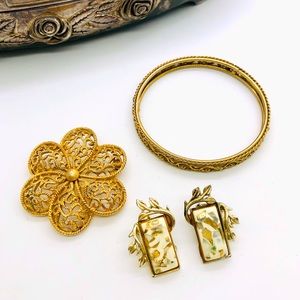 Antique Ornate Bangle & Vintage Brooch confetti Earrings lot